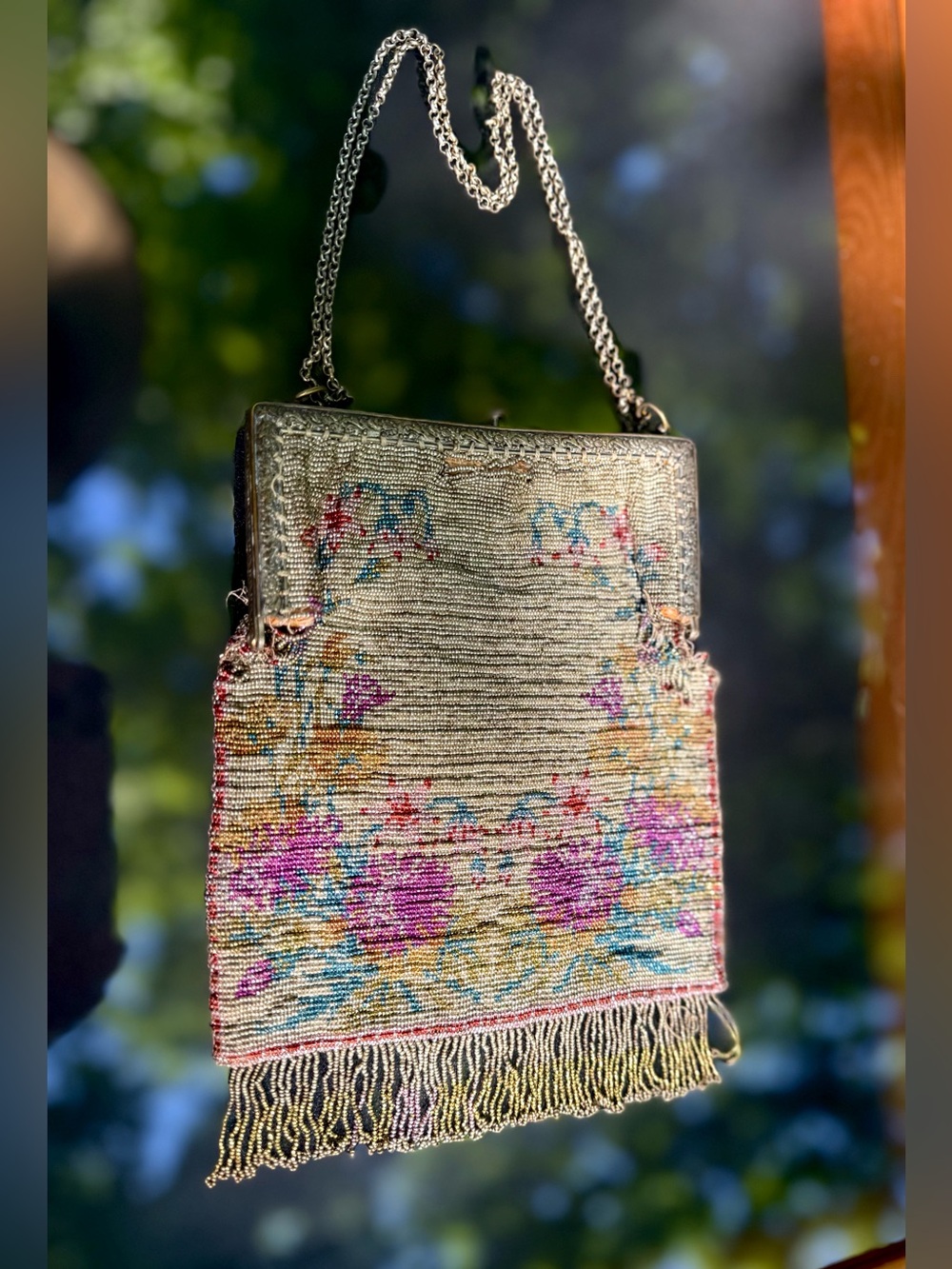 Antique Floral Beaded Fringed Bag with Chain Handle  Victorian Era  Heavy  AS IS